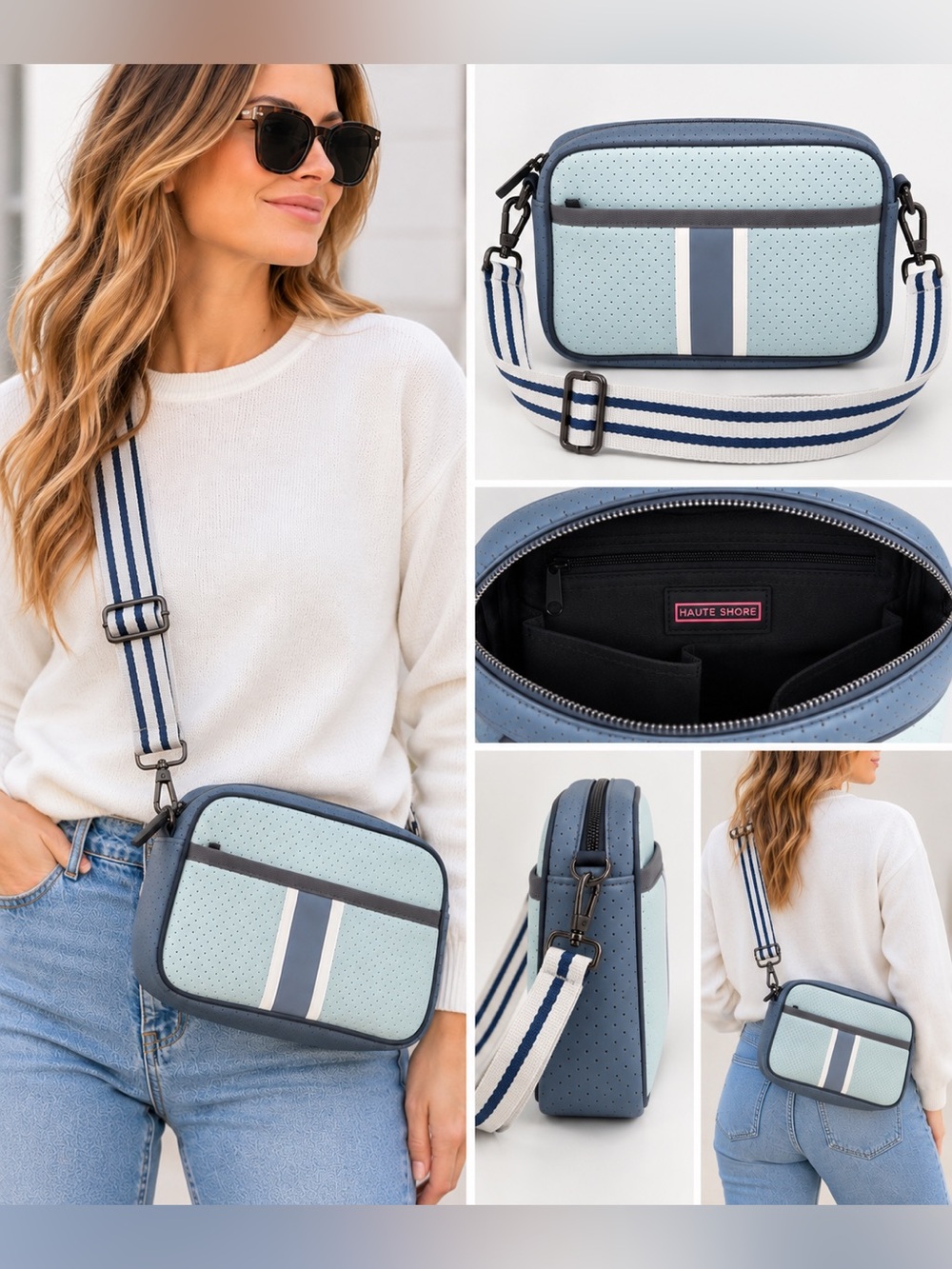 Haute Shore Blue Perforated Neoprene Crossbody Bag Striped Strap